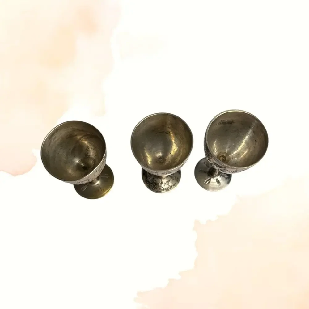 Vintage India Silver Plated Brass Cordial Goblets Set 6 Floral Boho Barware